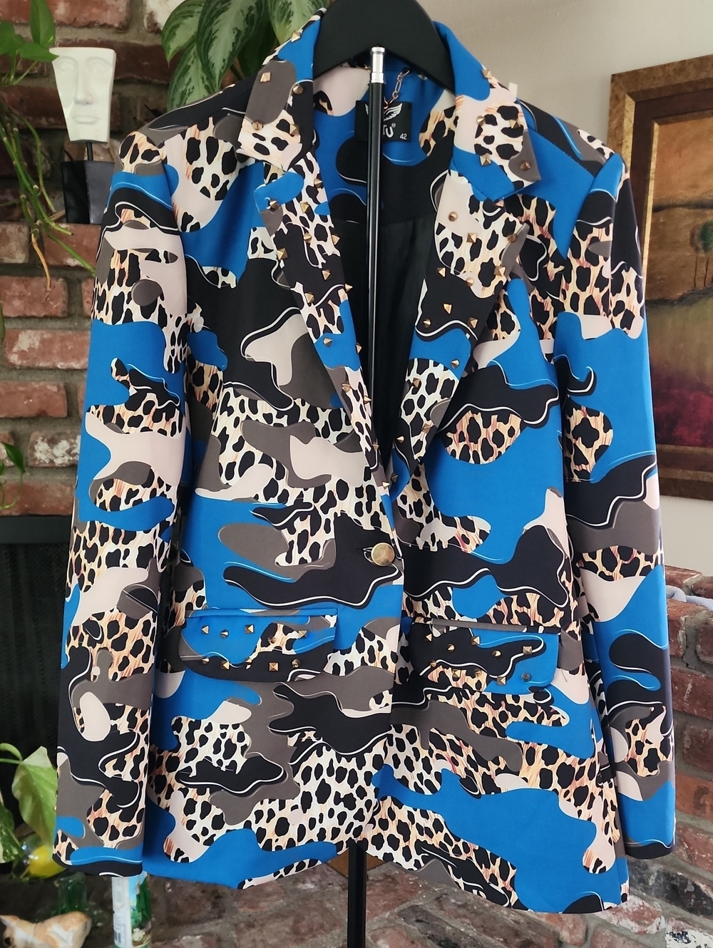 Blue Leopard Print Blazer Jacket with Neutral Accents
